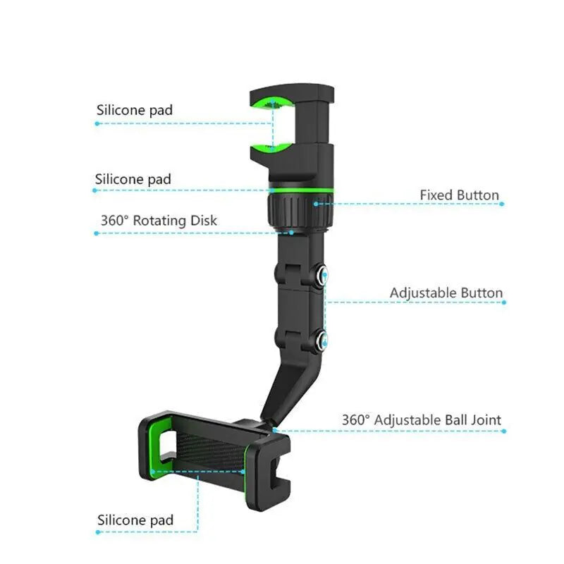 SkyView 360° Rotatable Rearview Mirror Phone Mount – Universal Anti-Shake GPS Holder & Multi-Surface Clip - NexaHome