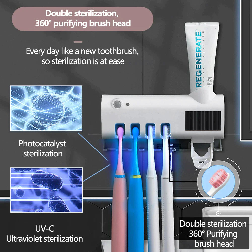PureSmile™ UV-C Toothbrush Sanitizer Station & Automatic Toothpaste Dispenser – Solar Powered 4-Slot Organizer - NexaHome