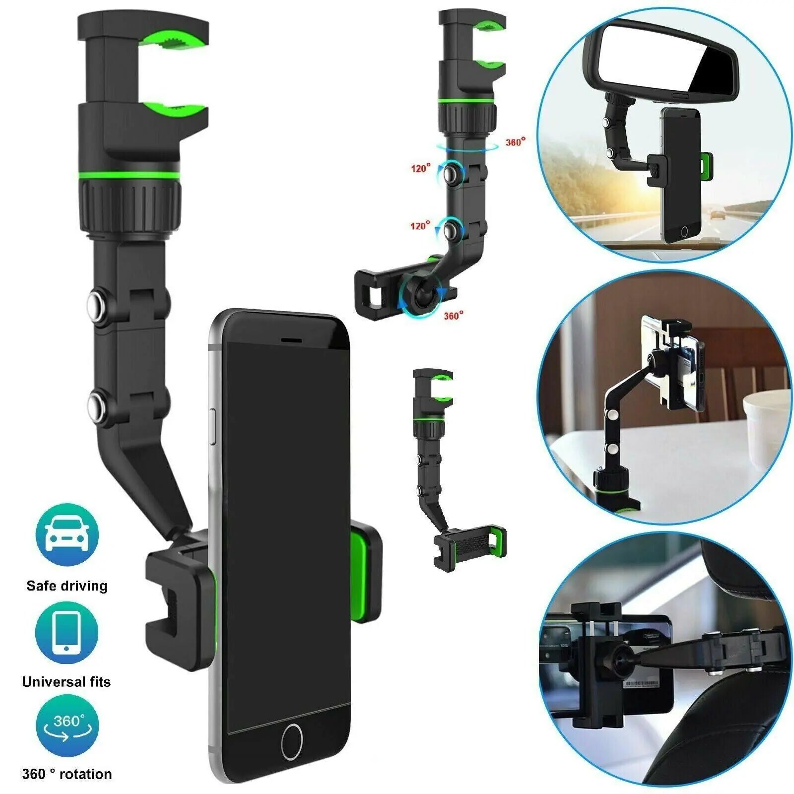 SkyView 360° Rotatable Rearview Mirror Phone Mount – Universal Anti-Shake GPS Holder & Multi-Surface Clip - NexaHome