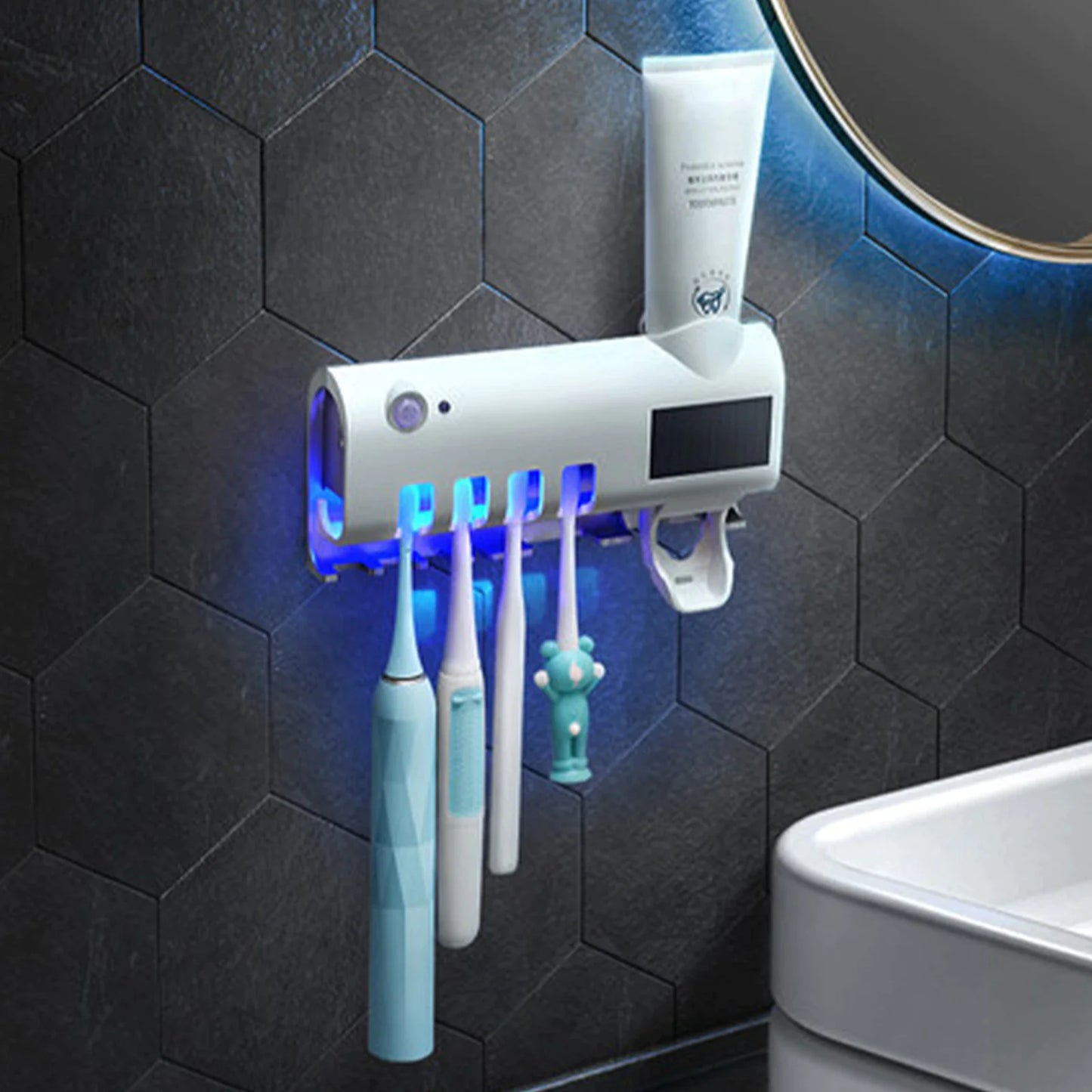 PureSmile™ UV-C Toothbrush Sanitizer Station & Automatic Toothpaste Dispenser – Solar Powered 4-Slot Organizer - NexaHome