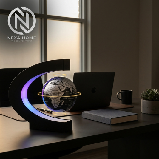 AeroSphere™ Magnetic Levitating Globe glowing on a styled executive home office desk alongside a MacBook and minimalist accessories, aspirational desk decor and premium unique gift idea for professionals, graduates, and world travelers