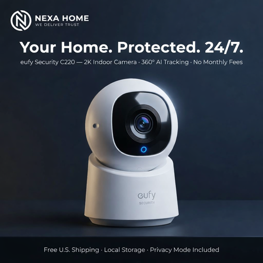 eufy Security C220 2K indoor security camera with 360-degree pan and tilt, AI human tracking, and blue LED status indicator displayed on dark studio background — renewed indoor camera with local storage and no monthly subscription fee