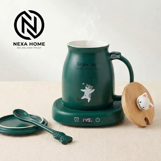 FelisWarm™ Smart Mug Warmer Set with Ceramic Kawaii Cat Mug & Auto Shutoff – 3-Temp Electric Coffee Cup Heater for Desk & Office Gift