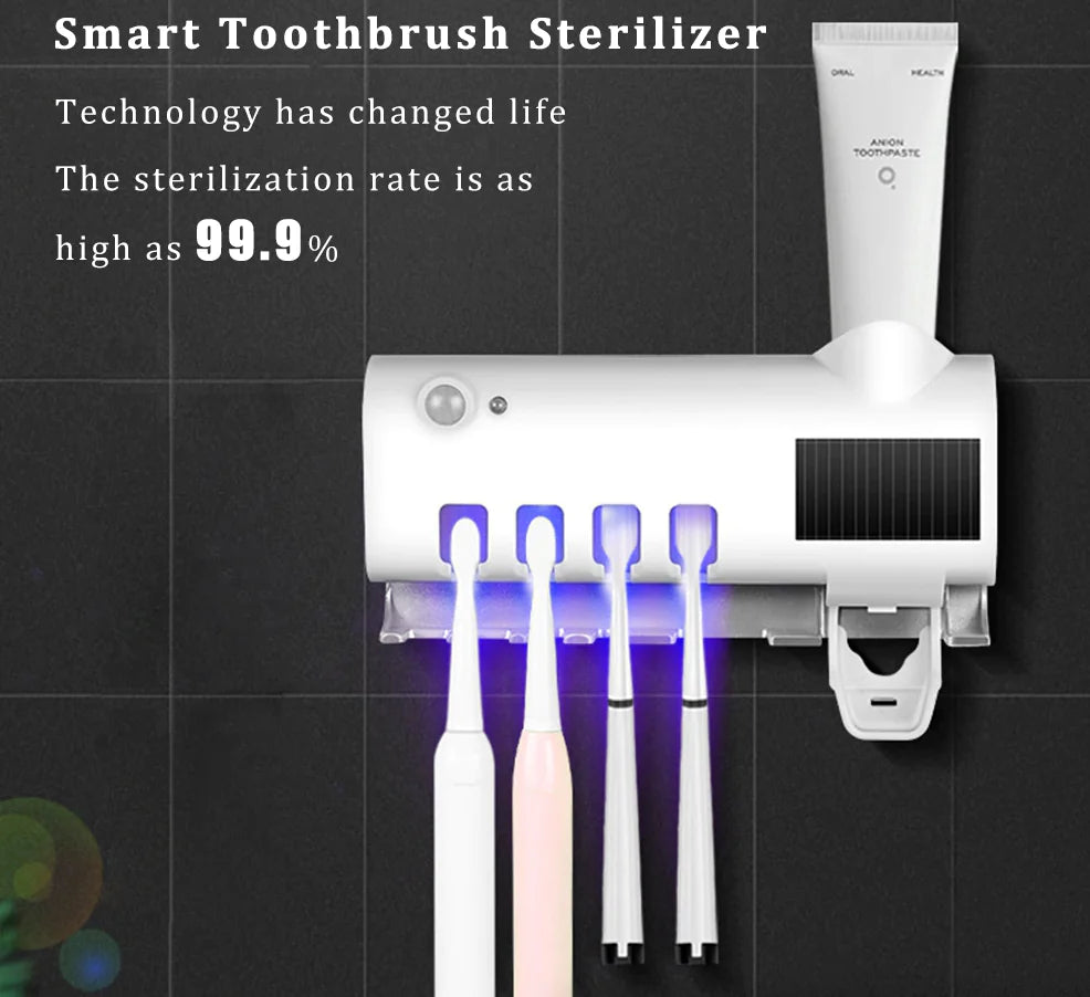PureSmile™ UV-C Toothbrush Sanitizer Station & Automatic Toothpaste Dispenser – Solar Powered 4-Slot Organizer - NexaHome