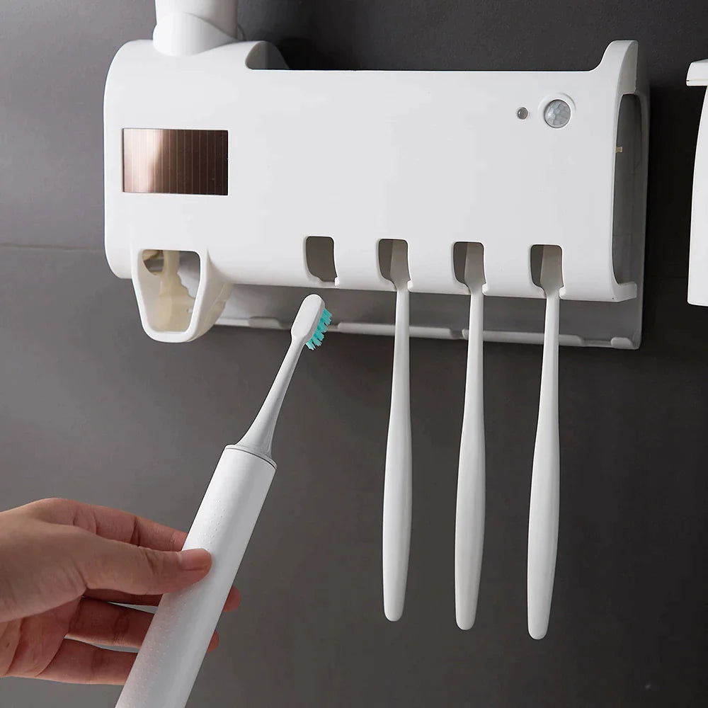 PureSmile™ UV-C Toothbrush Sanitizer Station & Automatic Toothpaste Dispenser – Solar Powered 4-Slot Organizer - NexaHome